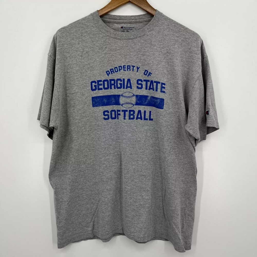Champion Georgia State Softball Graphic T-Shirt Gray Mens XL Short Sleeve